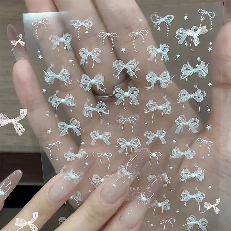 3D White Bowknot Flower Nail Art Sticker Ultra-Thin Self-Adhesive Slider Summer Nail Art Decal Decoration DIY Manicure Accesorie