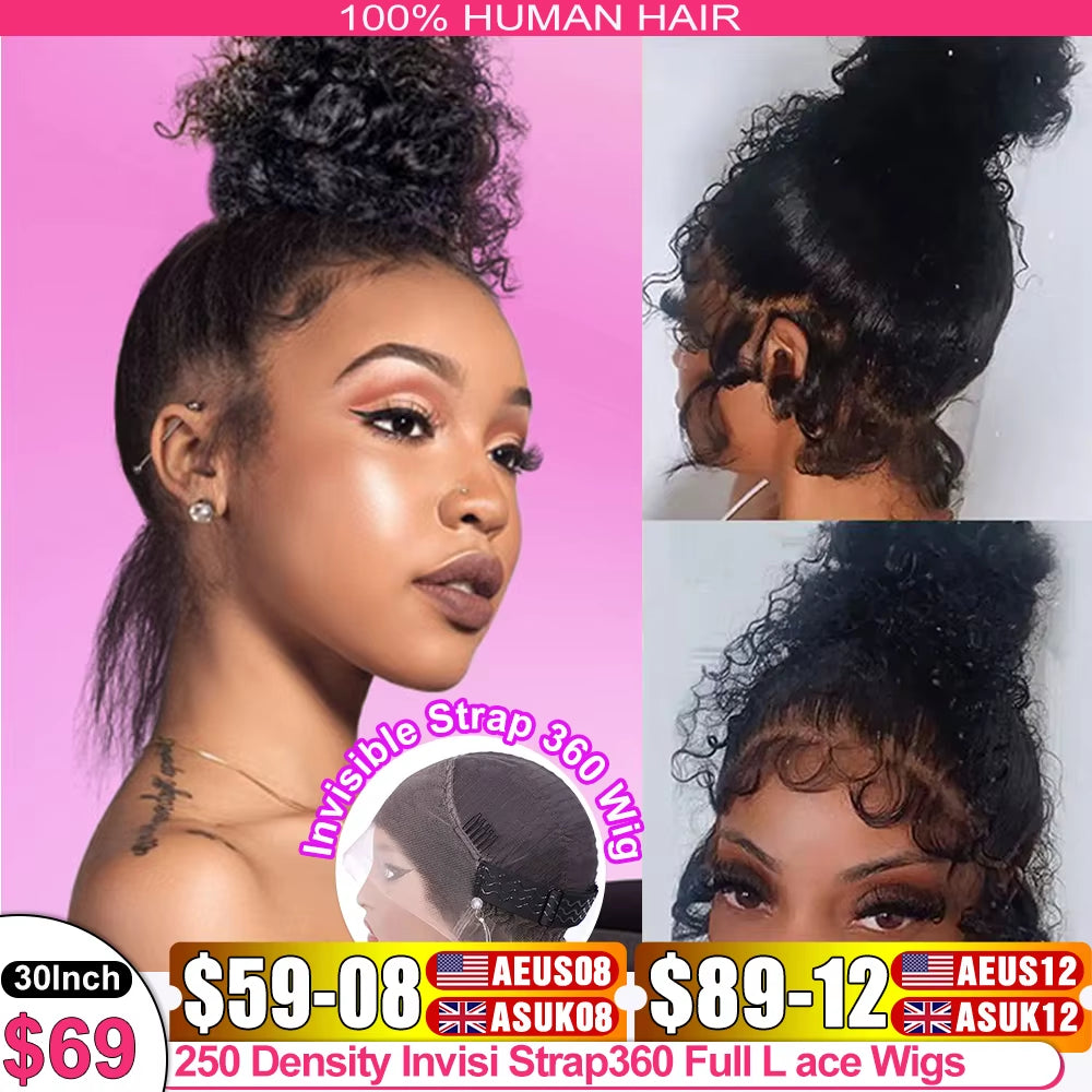 Invisi Strap HD 360 Lace Front Wig Human Hair Wigs Drawstring Curly Wave 360 Full Lace Wig Human Hair Pre Plucked 250 Density