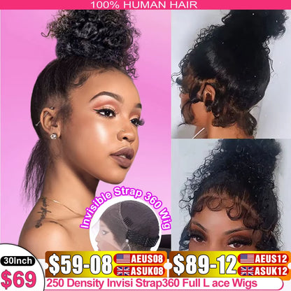 Invisi Strap HD 360 Lace Front Wig Human Hair Wigs Drawstring Curly Wave 360 Full Lace Wig Human Hair Pre Plucked 250 Density