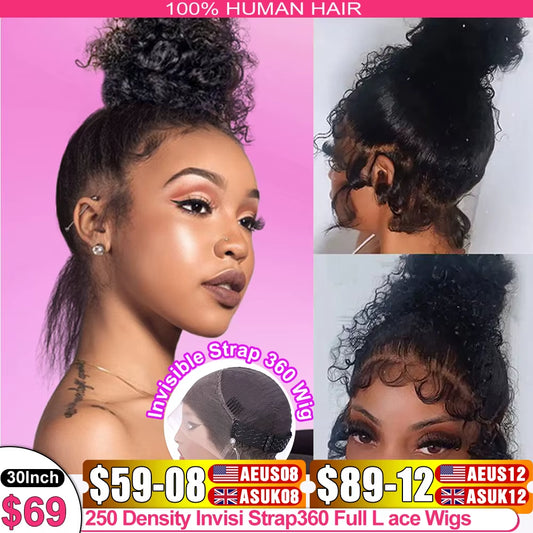 Invisi Strap HD 360 Lace Front Wig Human Hair Wigs Drawstring Curly Wave 360 Full Lace Wig Human Hair Pre Plucked 250 Density