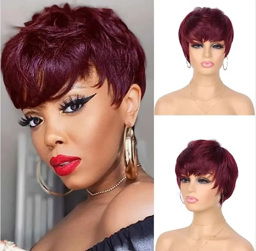 Short Brown Wig Chocolate Brown Human Hair Wigs Short Pixie Cut Wigs with Bangs Cheap Full Machine Brazlian Hair Wigs on Sale