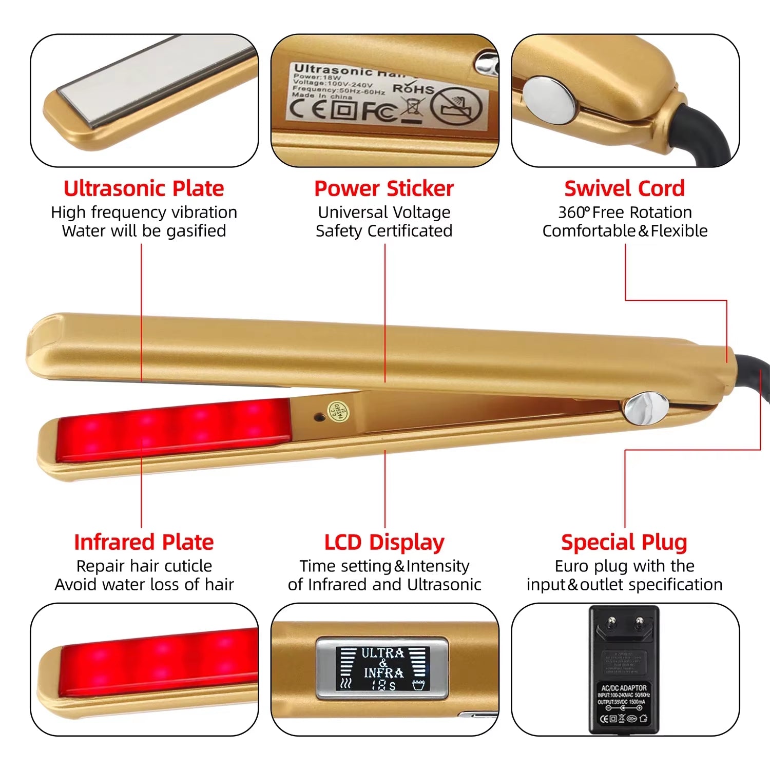 Cold Hair Care Ultrasonic Infrared Hair Straightener Professional Flat Iron Hair Treament Styler Therapy Conditioning Tools