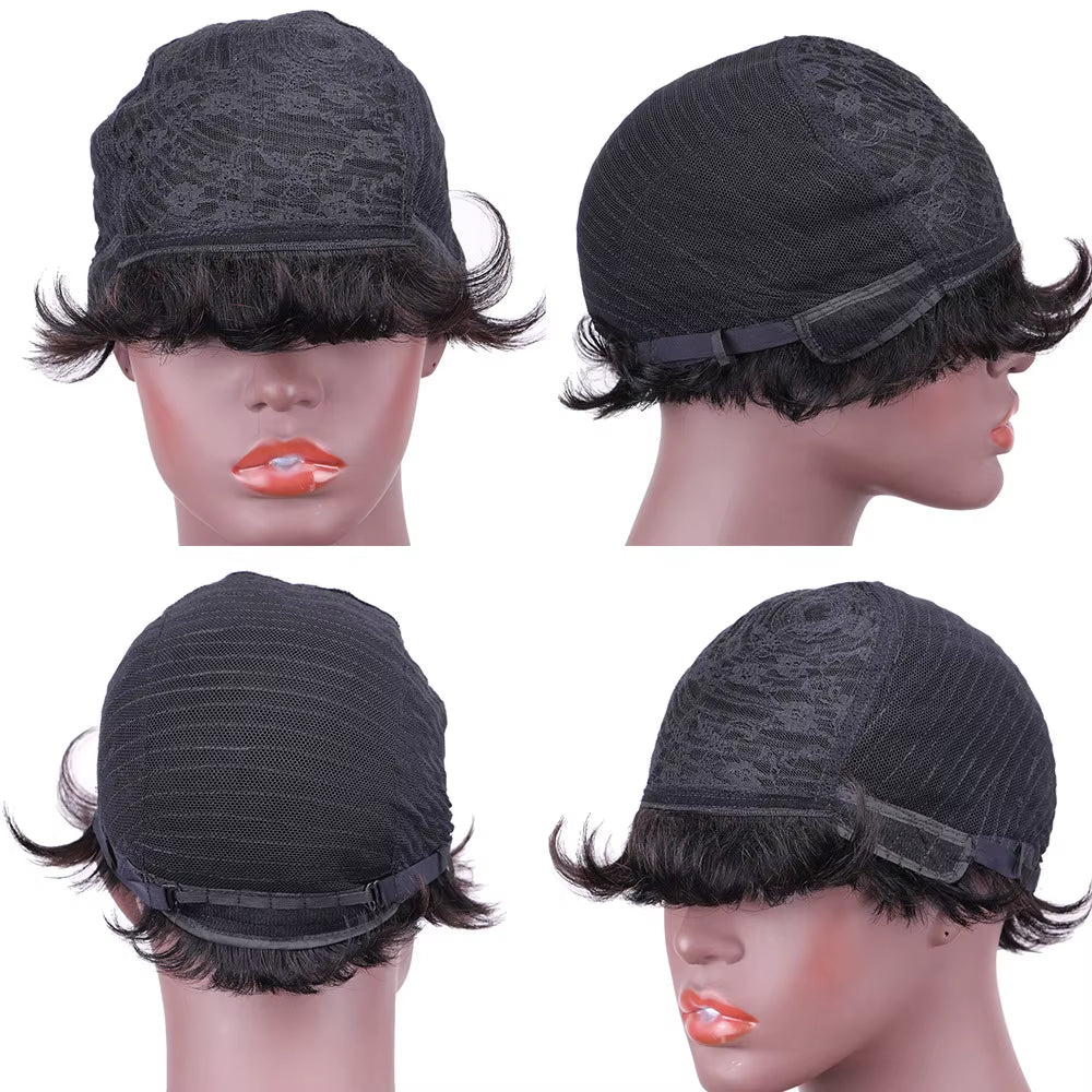 Short Brown Wig Chocolate Brown Human Hair Wigs Short Pixie Cut Wigs with Bangs Cheap Full Machine Brazlian Hair Wigs on Sale