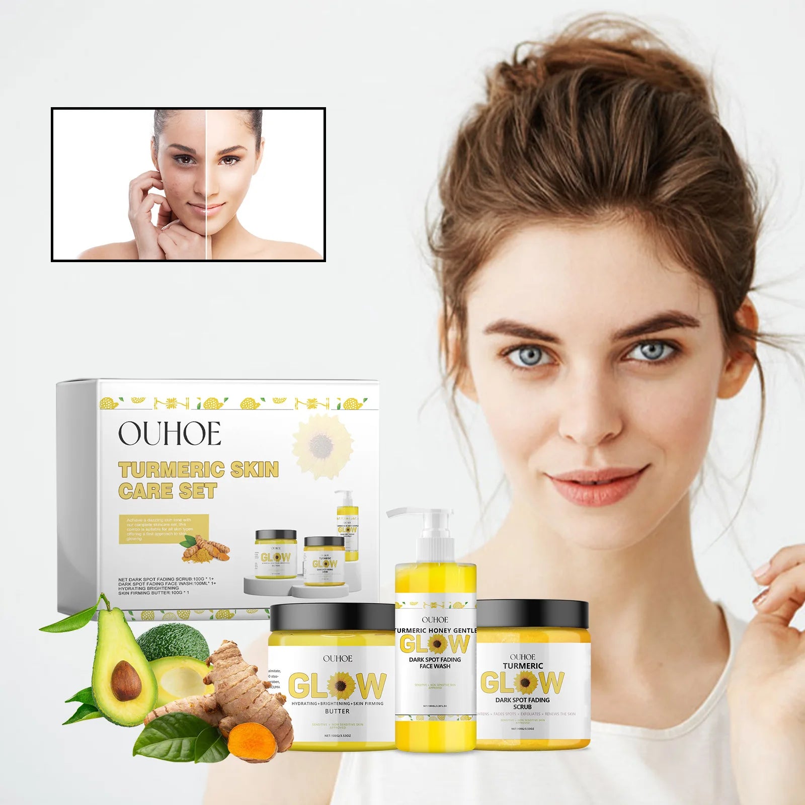 1Set Turmeric Face Skin Care Set Clean Skin Exfoliating Cream Hydrate Oil Control Dark Spots Remove Glowing Skin Care Set