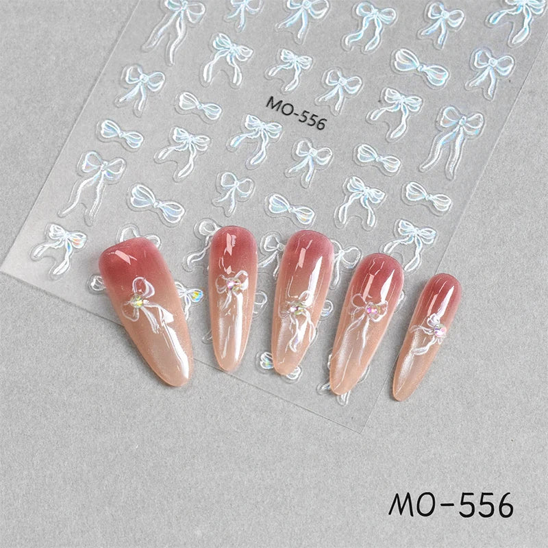 3D White Bowknot Flower Nail Art Sticker Ultra-Thin Self-Adhesive Slider Summer Nail Art Decal Decoration DIY Manicure Accesorie