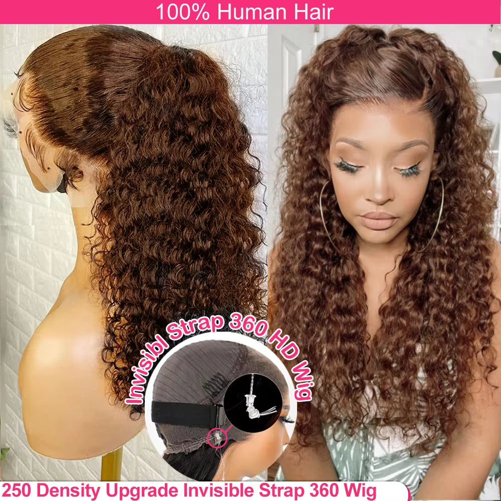 250 Density Deep Wave 360 Lace Front Human Hair Wig Water Wave Colored Lace Frontal Wig Chocolate Brown Glueless Wig Human Hair