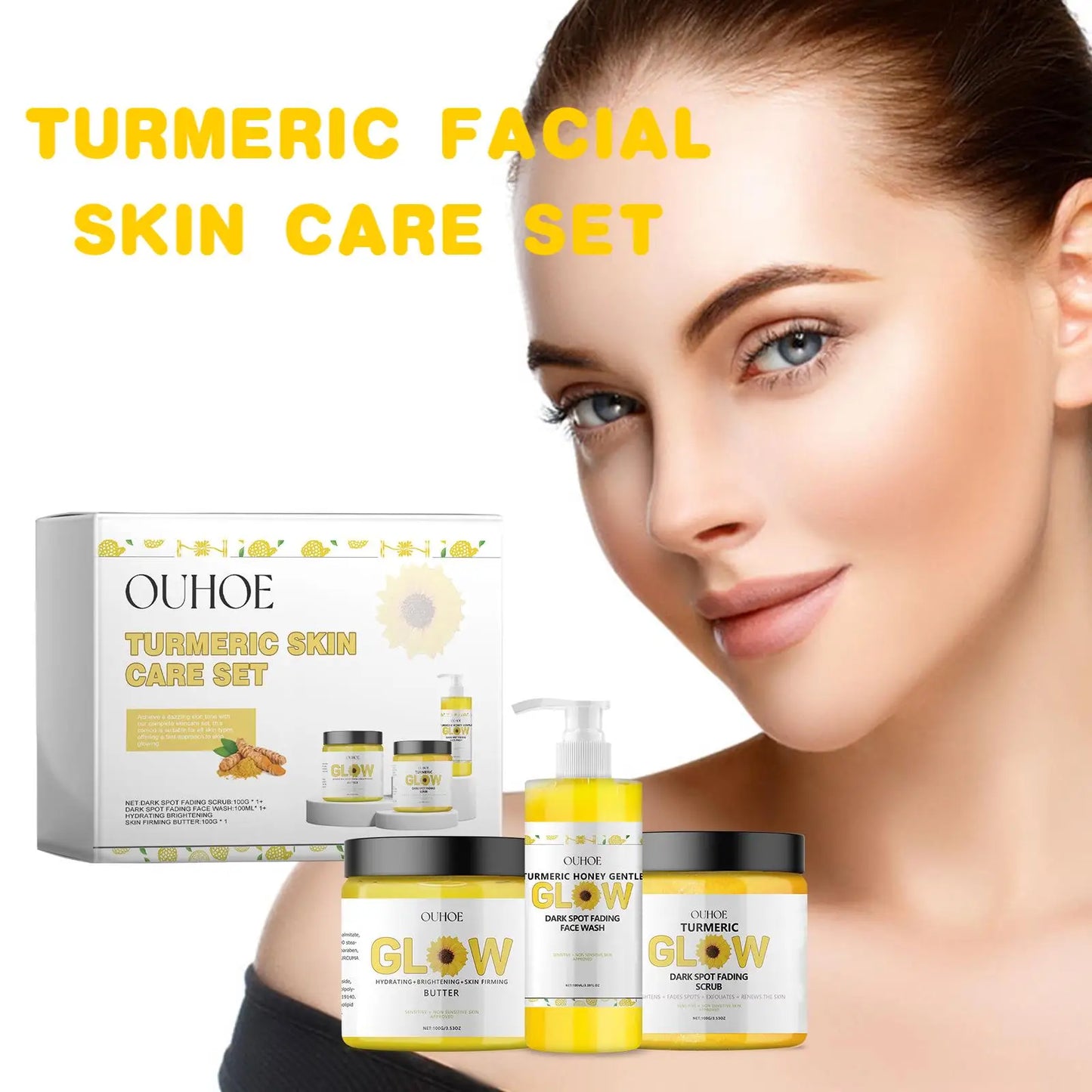 1Set Turmeric Face Skin Care Set Clean Skin Exfoliating Cream Hydrate Oil Control Dark Spots Remove Glowing Skin Care Set
